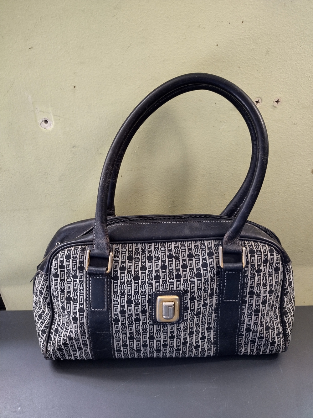 Judith Leiber Black & White Logo Pattern Satchel, VINTAGE